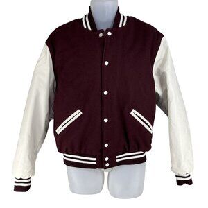 Rennoc Classic Men M Varsity Letterman Bomber Jacket Wool Quilted Burgundy White